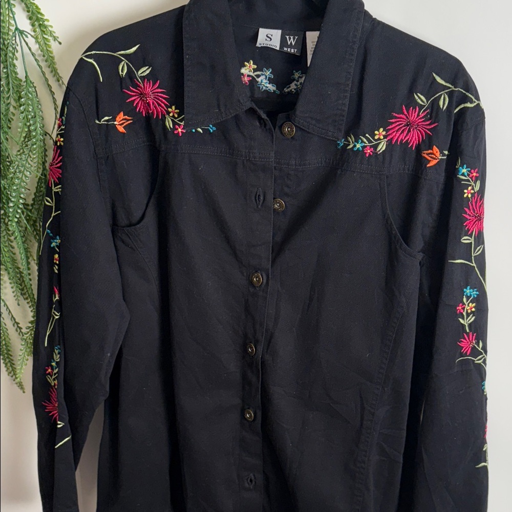 Studio West Black Jean Jacket with Floral Embroidery